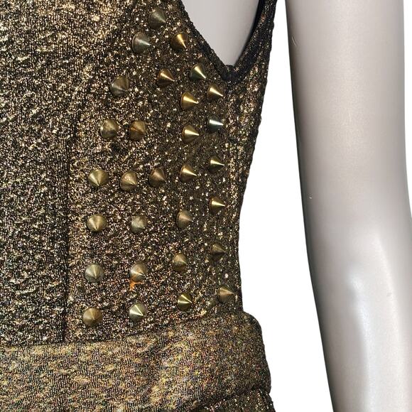 VTG Y2K A'gaci Metallic Gold Studded Peplum Mini Dress Size S Punk Rock Glam - Picture 5 of 8